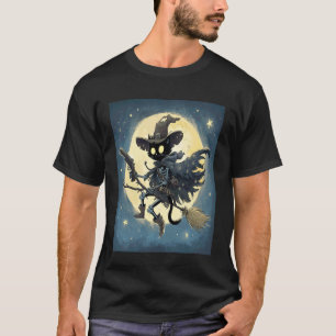 Schwarzes Katzenskelett mit Hexenhut auf einem Bes T-Shirt