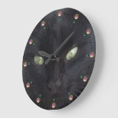 SCHWARZES KATZPORTRAL MIT EMERALD AUGEN, rosa Edel Große Wanduhr (Winkel)