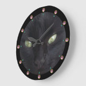 SCHWARZES KATZPORTRAT MIT EMERALD AUGEN, rosafarbe Große Wanduhr (Winkel)