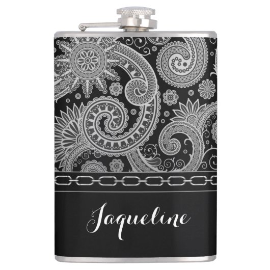 Schwarzes Kettenpaisley Flachmann (Vorderseite)