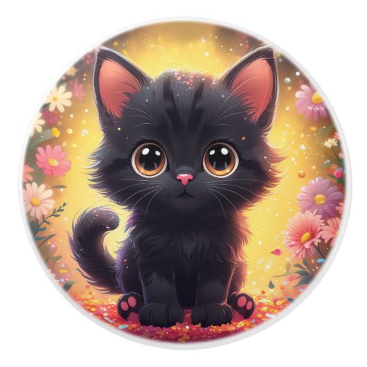 Schwarzes Kitten und Blume - Illustration Keramikknauf (Vorderseite)