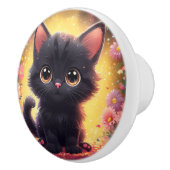 Schwarzes Kitten und Blume - Illustration Keramikknauf (Rechts)