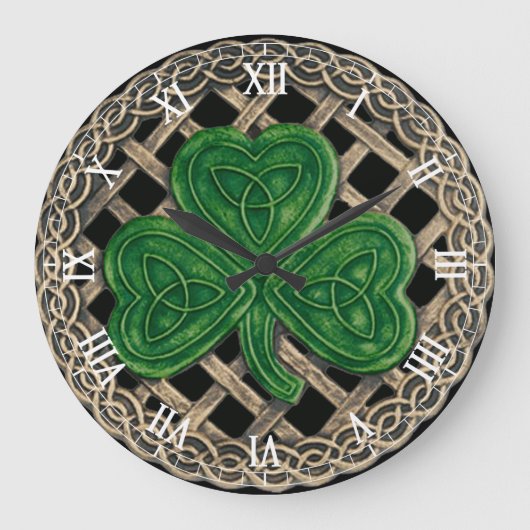Schwarzes Kleeblatt u. Celtic-Knoten-römische Große Wanduhr (Vorderseite)