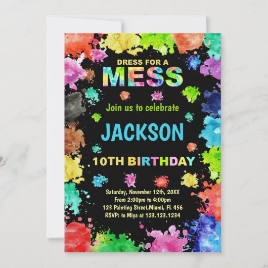 Schwarzes Kleid für Mess Paint Birthday Einladunge Einladung (Vorderseite)
