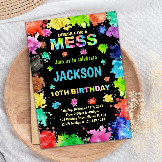 Schwarzes Kleid für Mess Paint Birthday Einladunge Einladung