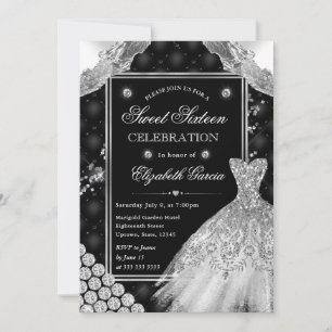 Schwarzes Kleid mit Silberglitter Sweet Sixteen Einladung