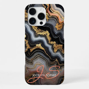 Schwarzes Korallenrosa Weißgold Marmor Kunstmuster iPhone 16 Pro Max Hülle
