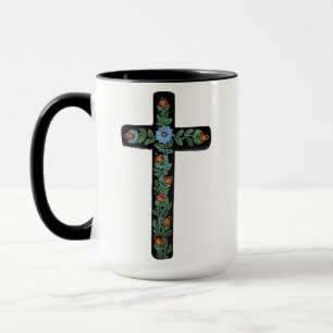 Schwarzes Kreuz mit Blumen Tasse