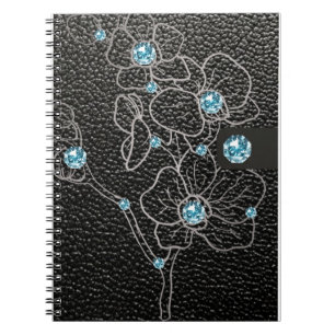 schwarzes Kunstleder im Stil mit grauen Blumen und Notizblock