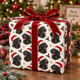 Schwarzes Lab-Christmas-Santa-Hut- und Stechpalmen Geschenkpapier