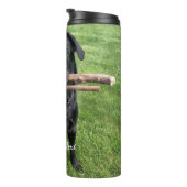 Schwarzes Labor mit zwei Sticks Foto für Hunde und Thermosbecher (Nach rechts gedreht)