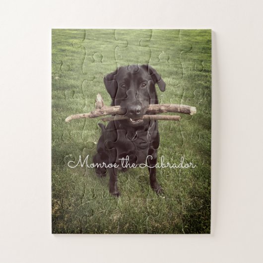 Schwarzes Labor mit zwei Sticks Hund Foto und Name Puzzle (Vertikal)