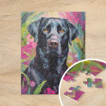 Schwarzes Labor Portrait Moderne Kunst Puzzle<br><div class="desc">Ein beeindruckendes, modernes Kunstportrait eines Set aus schwarzem Labor vor einem abstrakten, rosa und grünen Garten. Die dunkle Silhouette des Hundes kontrastiert wunderbar mit den lebhaften, wirbelnden Gartenfarben, die Natur und Tier in einem ausdrucksvollen, zeitgenössischen Stil vereinen. Die abstrakten Pinselstriche schaffen ein Gefühl von Bewegung und Energie und machen dieses...</div>