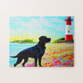 Schwarzes Labrador am Strand stehend Puzzle (Horizontal)