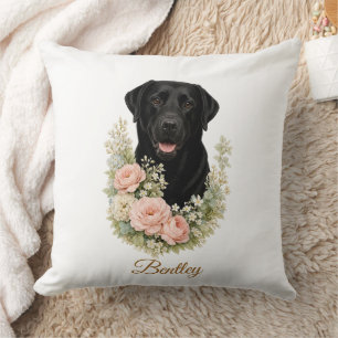Schwarzes Labrador-Blumenporträt Kissen