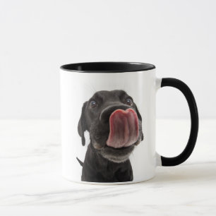 Schwarzes Labrador, das seine Nase leckt Tasse