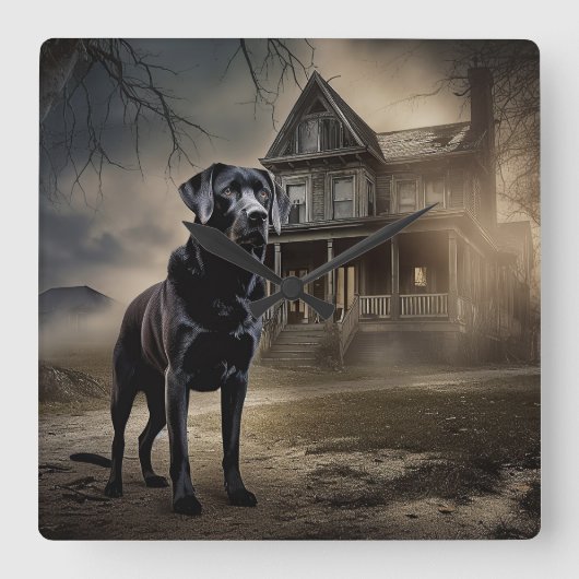 Schwarzes Labrador Halloween Beängstigend Quadratische Wanduhr (Vorderseite)