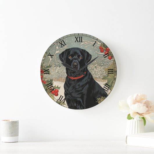 Schwarzes Labrador im Winter Große Wanduhr (Zuhause)