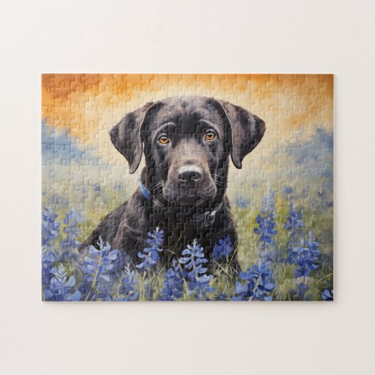 Schwarzes Labrador in Bluebonnets Puzzle (Horizontal)