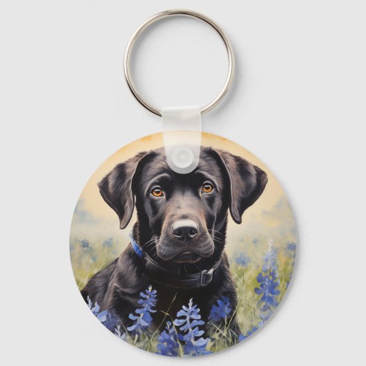 Schwarzes Labrador in Bluebonnets Schlüsselanhänger (Vorderseite)