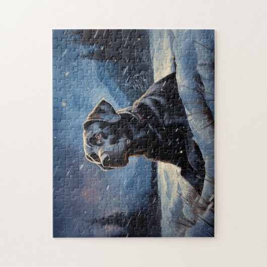 Schwarzes Labrador in der Winternacht Puzzle (Vertikal)