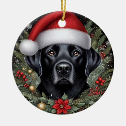 Schwarzes Labrador mit festlicher Weihnachtsmannmü Keramik Ornament (Vorne)