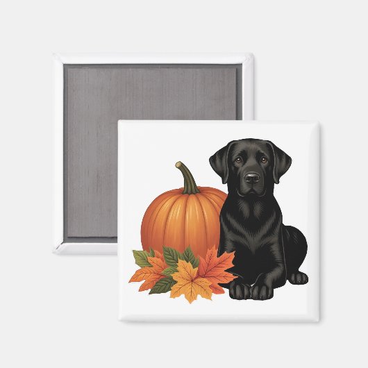 Schwarzes Labrador mit Herbstblättern und Pumpkin Magnet (Vorderseite/Rückseite)