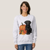 Schwarzes Labrador mit Herbstblättern und Pumpkin Sweatshirt (Vorne ganz)