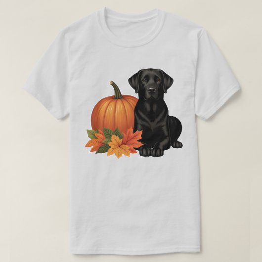 Schwarzes Labrador mit Herbstblättern und Pumpkin T-Shirt (Design vorne)