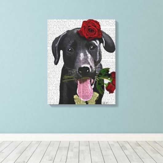 Schwarzes Labrador mit Rose Leinwanddruck (Insitu (Holzboden))
