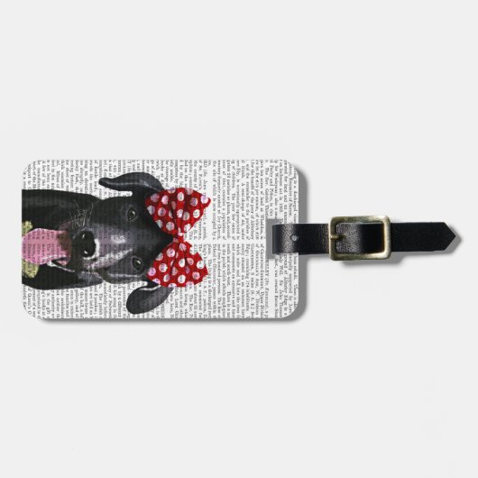 Schwarzes Labrador mit rotem Bogen auf Kopf Gepäckanhänger (Vorderseite horizontal)