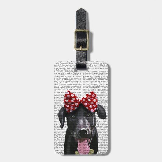 Schwarzes Labrador mit rotem Bogen auf Kopf Gepäckanhänger (Vorderseite vertikal)