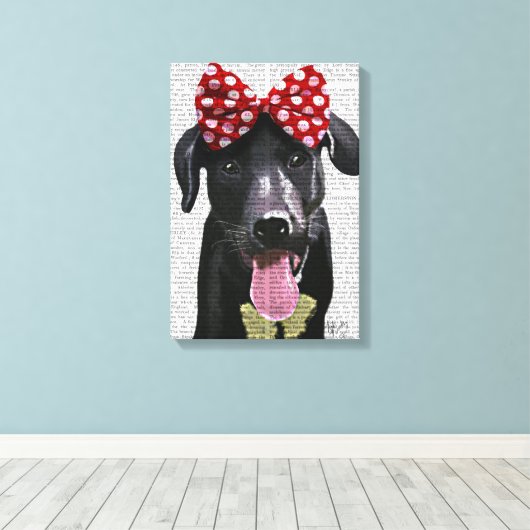 Schwarzes Labrador mit rotem Bogen auf Kopf Leinwanddruck (Insitu (Holzboden))