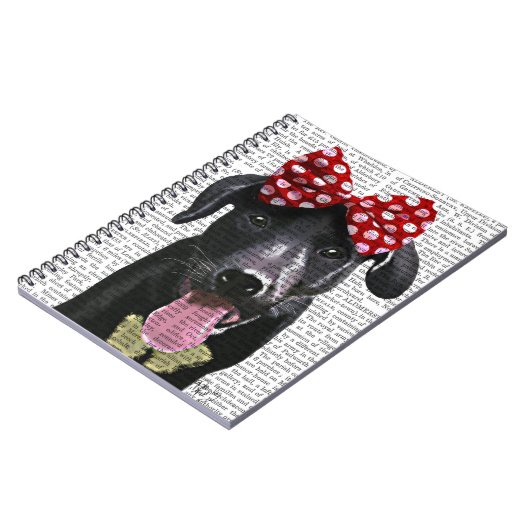 Schwarzes Labrador mit rotem Bogen auf Kopf Notizblock (Linke Seite)