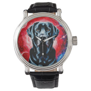 Schwarzes Labrador-Portrait im kosmischen Raum Armbanduhr