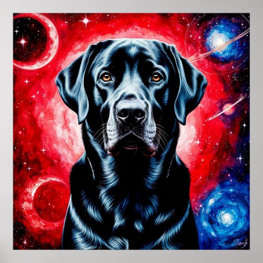 Schwarzes Labrador-Portrait im kosmischen Raum Poster (Vorne)