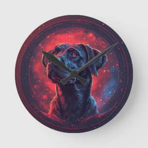 Schwarzes Labrador-Porträt in einem kosmischen Rau Runde Wanduhr