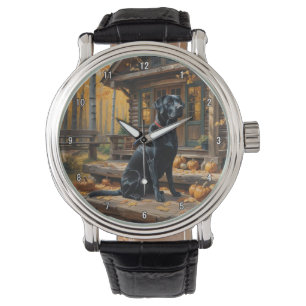 Schwarzes Labrador Retriever Log Kabine Herbst Armbanduhr