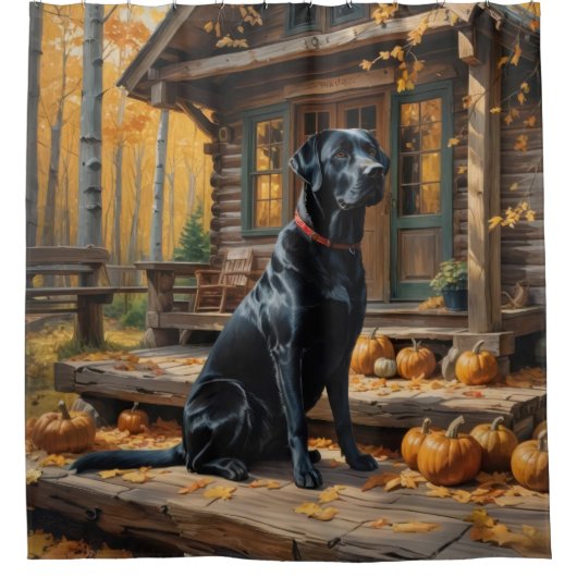 Schwarzes Labrador Retriever Log Kabine Herbst Duschvorhang (Vorderseite)