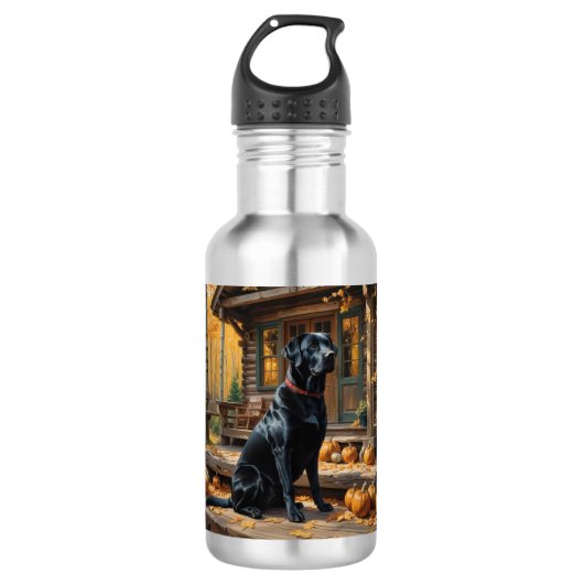 Schwarzes Labrador Retriever Log Kabine Herbst Edelstahlflasche (Vorderseite)