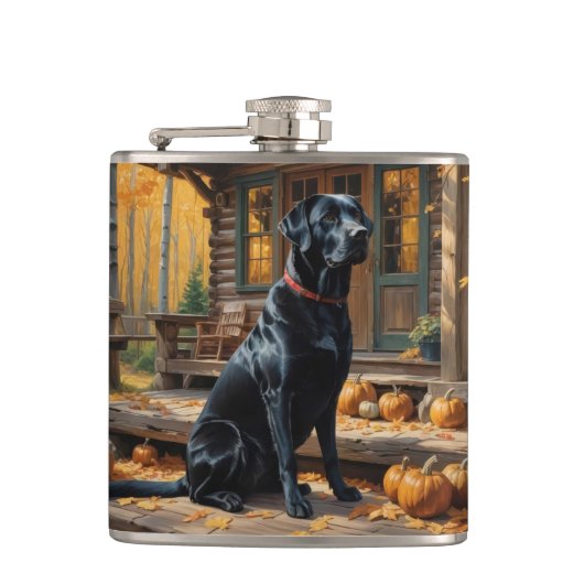 Schwarzes Labrador Retriever Log Kabine Herbst Flachmann (Vorderseite)