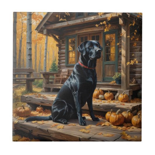 Schwarzes Labrador Retriever Log Kabine Herbst Fliese (Vorderseite)
