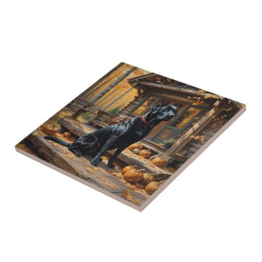 Schwarzes Labrador Retriever Log Kabine Herbst Fliese (Seite)
