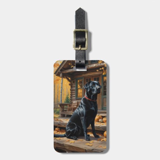 Schwarzes Labrador Retriever Log Kabine Herbst Gepäckanhänger (Vorderseite vertikal)