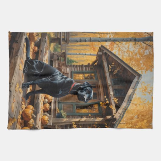 Schwarzes Labrador Retriever Log Kabine Herbst Geschirrtuch (Horizontal)