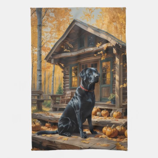 Schwarzes Labrador Retriever Log Kabine Herbst Geschirrtuch (Vertikal)