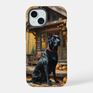 Schwarzes Labrador Retriever Log Kabine Herbst iPhone 15 Hülle