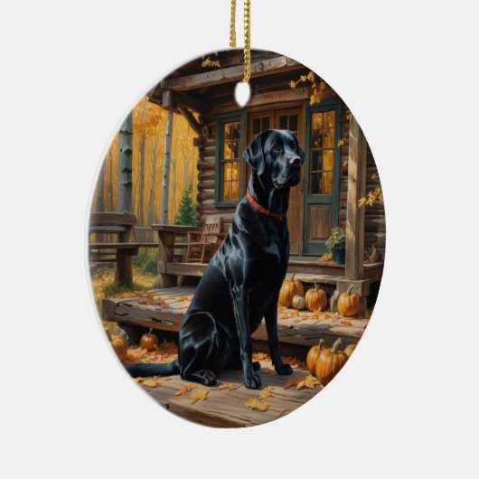 Schwarzes Labrador Retriever Log Kabine Herbst Keramik Ornament (Rechts)