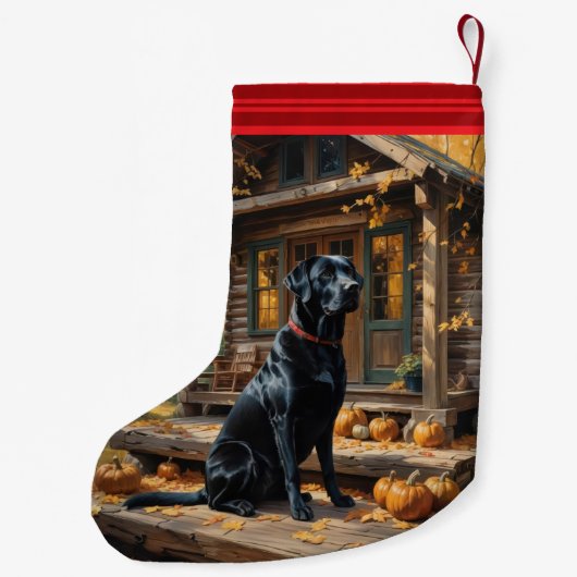 Schwarzes Labrador Retriever Log Kabine Herbst Kleiner Weihnachtsstrumpf (Rückseite)