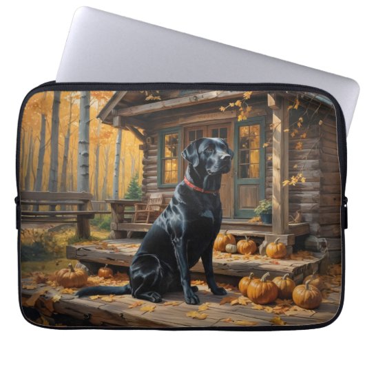 Schwarzes Labrador Retriever Log Kabine Herbst Laptopschutzhülle (Vorderseite)